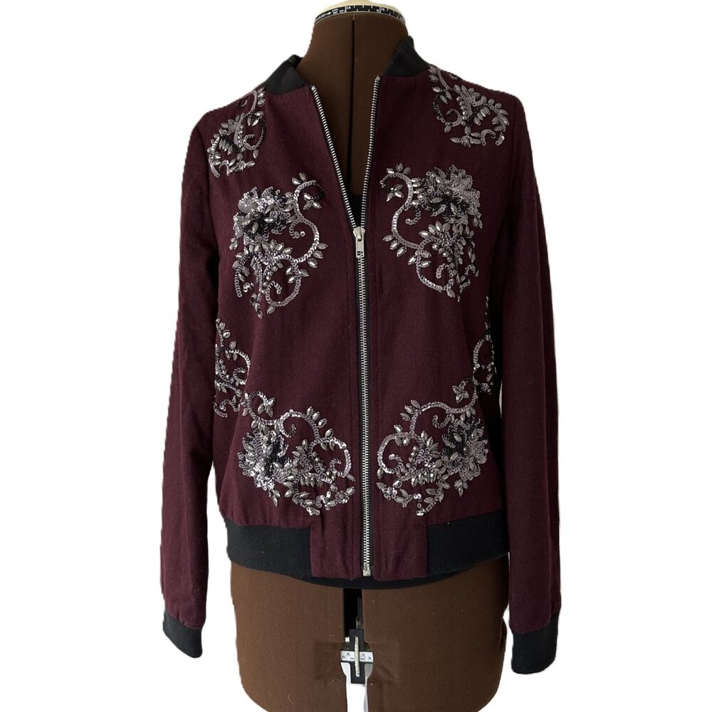 Maroon Wool Blend Sequin Trimmed Bomber Jacket